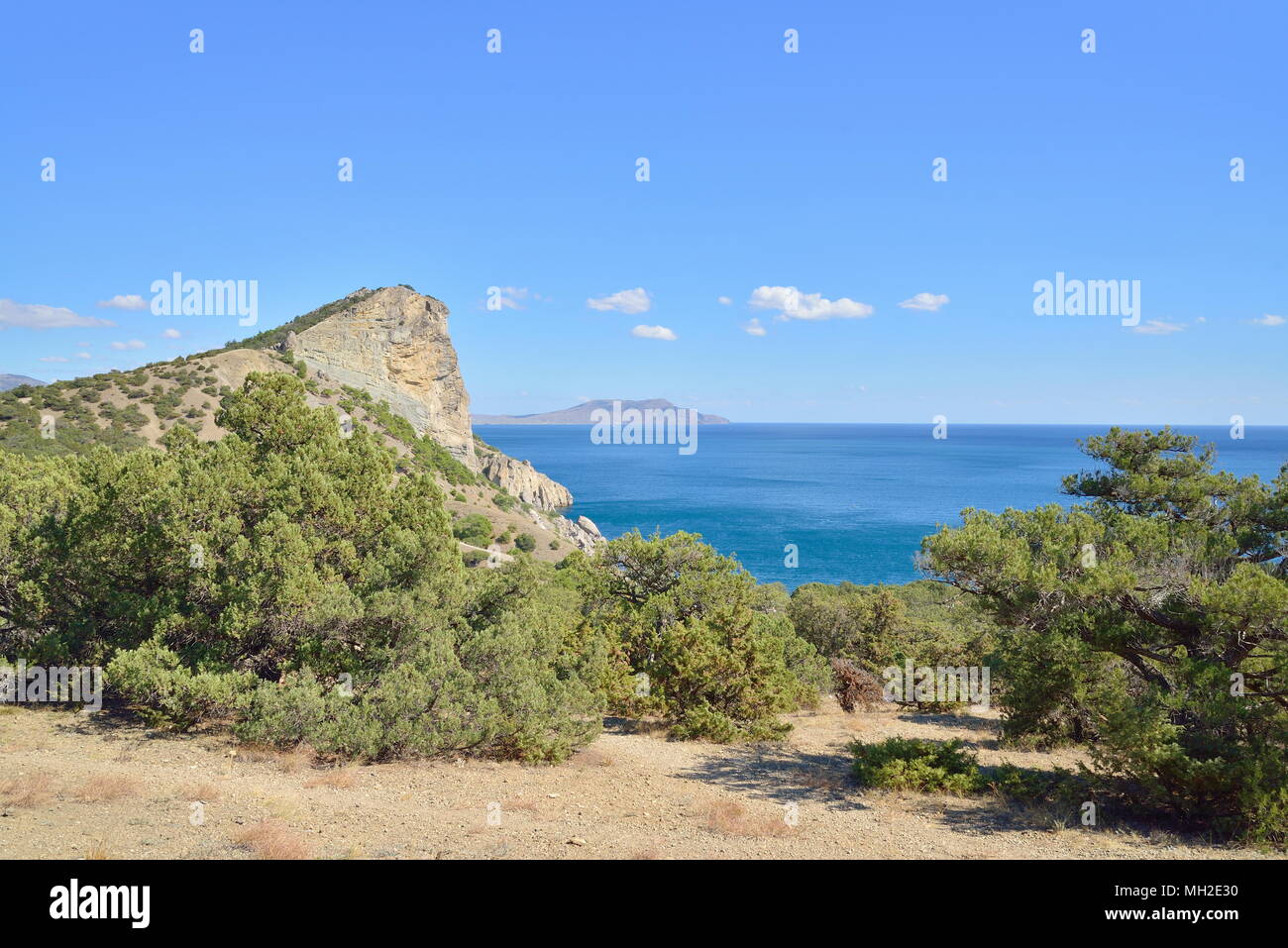 The sea and the rock from the high Bank. New World. Crimea. Sudak Stock Photo
