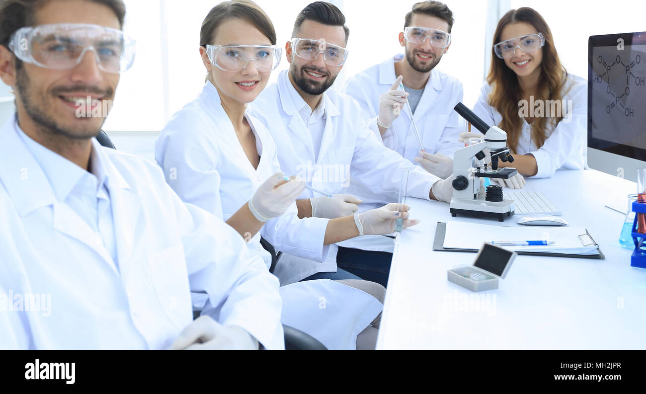 head of the scientific project and research team at the workplace Stock Photo