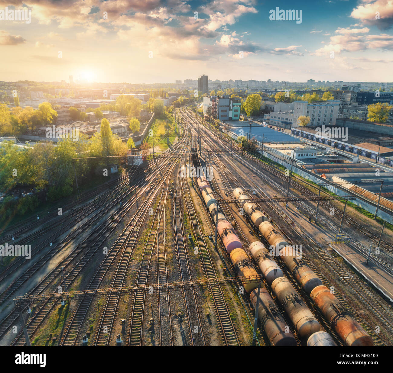 Aerial view of colorful freight trains on railway station. Wagons with goods on railroad. Cargo trains. Heavy industry. Industrial scene with trains,  Stock Photo
