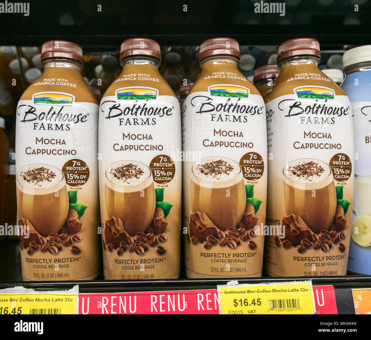 Holetown, Barbados, 03-19-2018: Mocha Cappuccino drinks stand on a shelf of a supermarket. Stock Photo