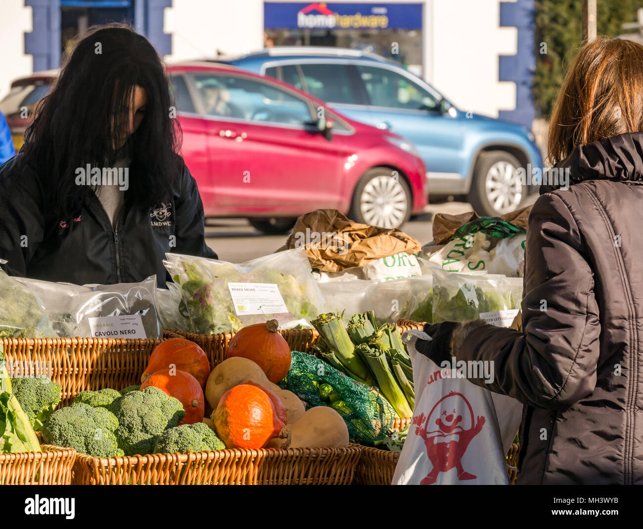 Woman buying vegetables at Phantassie outdoor market stall, Haddington Farmers Market, Place d'Aubigny, Court Street, East Lothian, UK on sunny Winter day Stock Photo