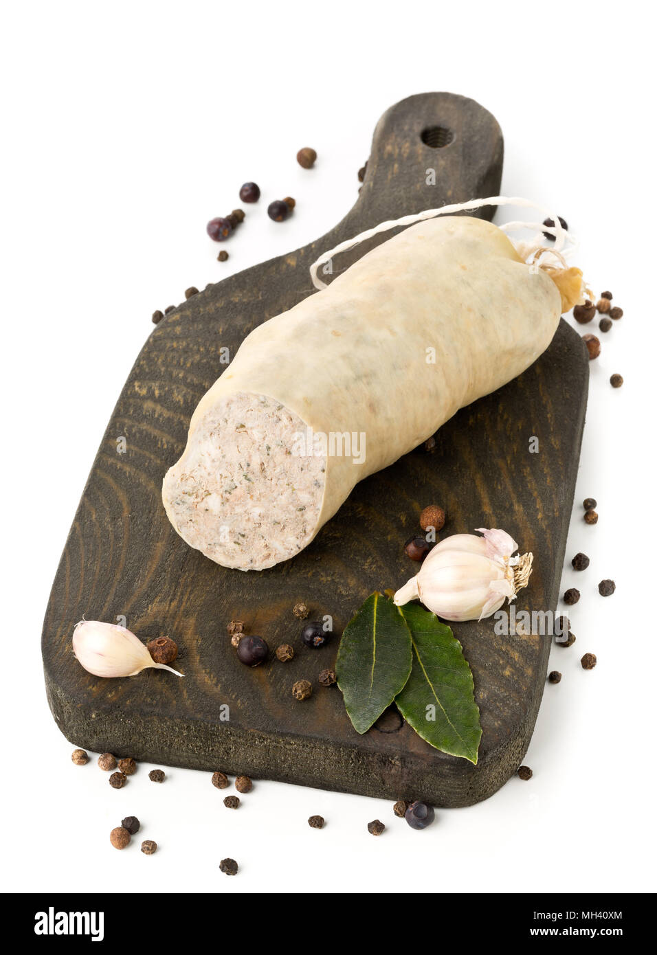 German specialty liverwurst (Leberwurst) with spices on wooden board