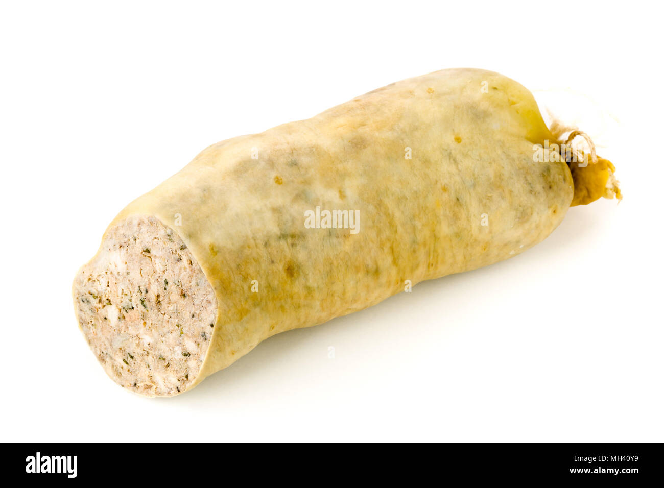 German specialty liverwurst (Leberwurst) over white background Stock