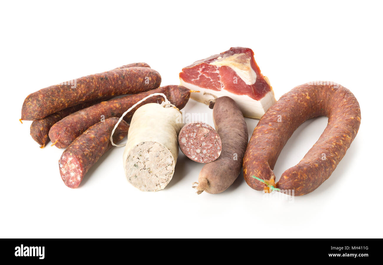 Assortment of german sausage specialties hard cured salami, liver sausage (Leberwurst), blood