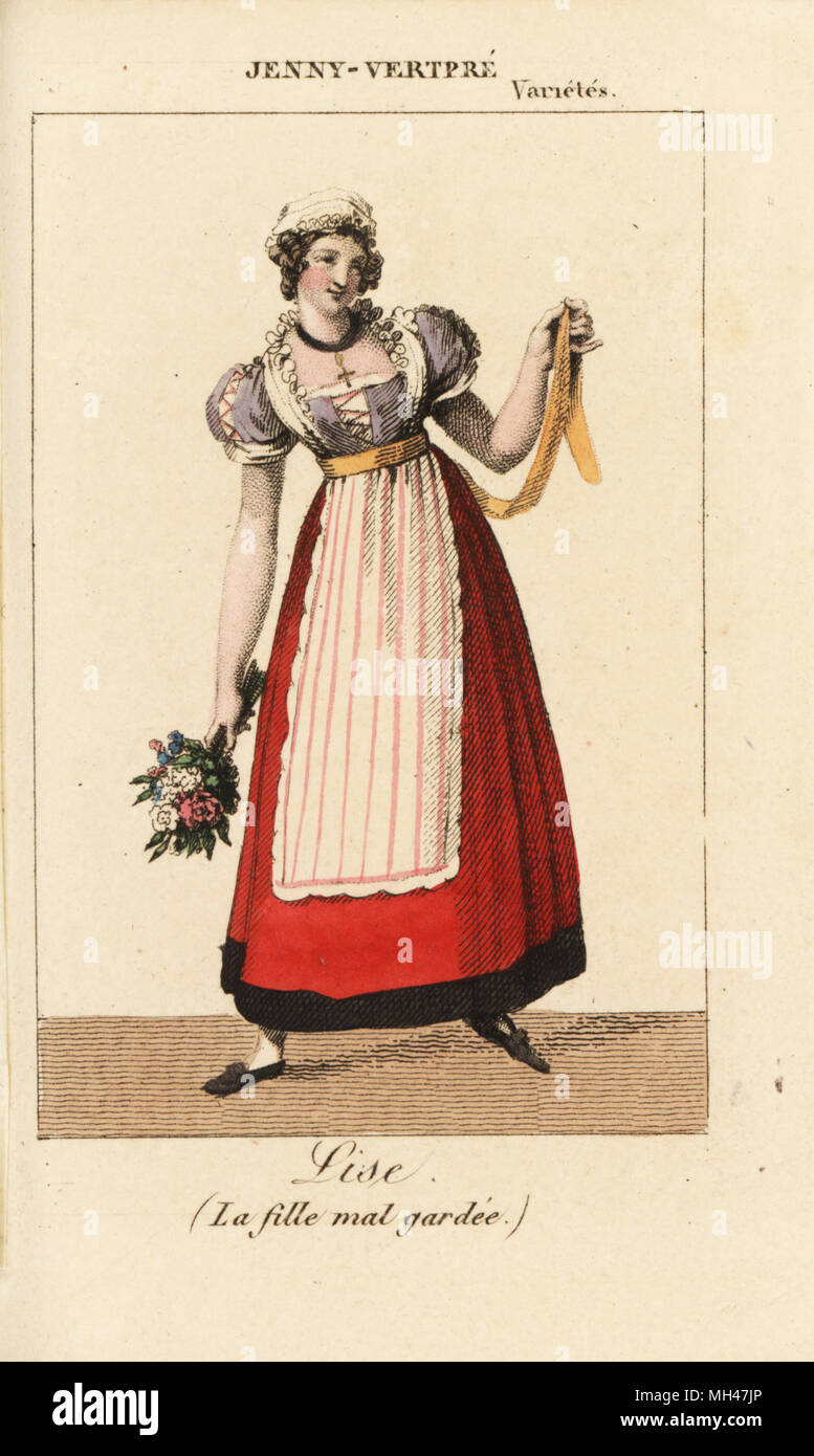 French actress Jenny-Vertpre (1797-1865) as Lise in La fille mal gardee at the Theatre des Varietes, 1822. Handcoloured copperplate engraving from Charles Malo's Almanach des Spectacles par K. Y. Z, Chez Louis Janet, Paris, 1823. Stock Photo
