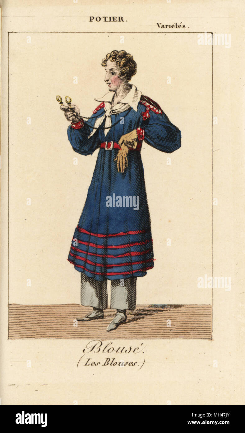 French actor Charles-Gabriel Potier as Blouse in the comedy Les Blouses by Gabriel and Armand at the Theatre des Varietes, 1822. Handcoloured copperplate engraving from Charles Malo's Almanach des Spectacles par K. Y. Z, Chez Louis Janet, Paris, 1823. Stock Photo