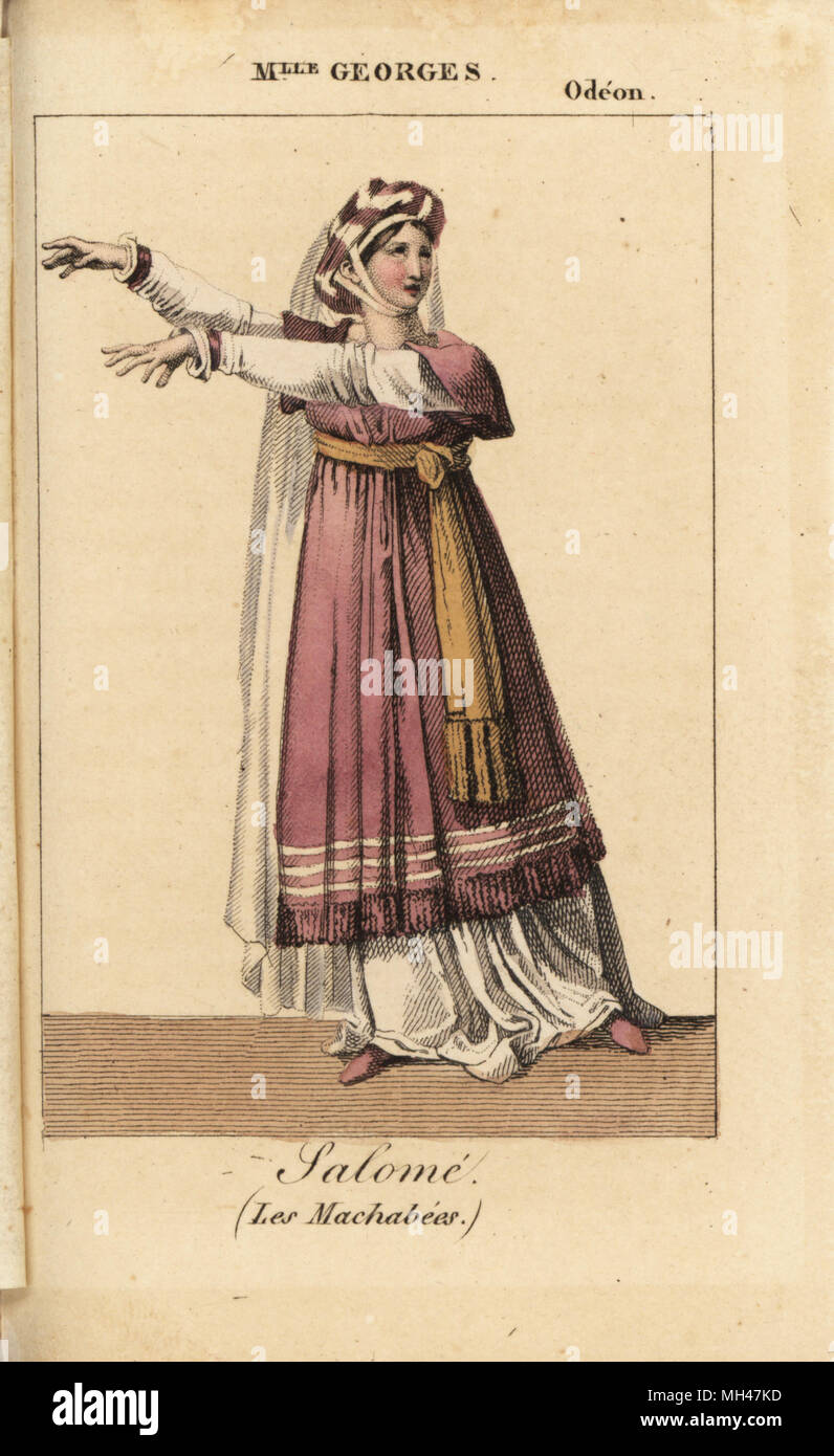 French actress Mlle. Margeurite Georges (1787-1867) as Salome in Les Machabees by Houdart de la Motte at the Odeon, 1821. Handcoloured copperplate engraving from Charles Malo's Almanach des Spectacles par K. Y. Z, Chez Louis Janet, Paris, 1823. Stock Photo