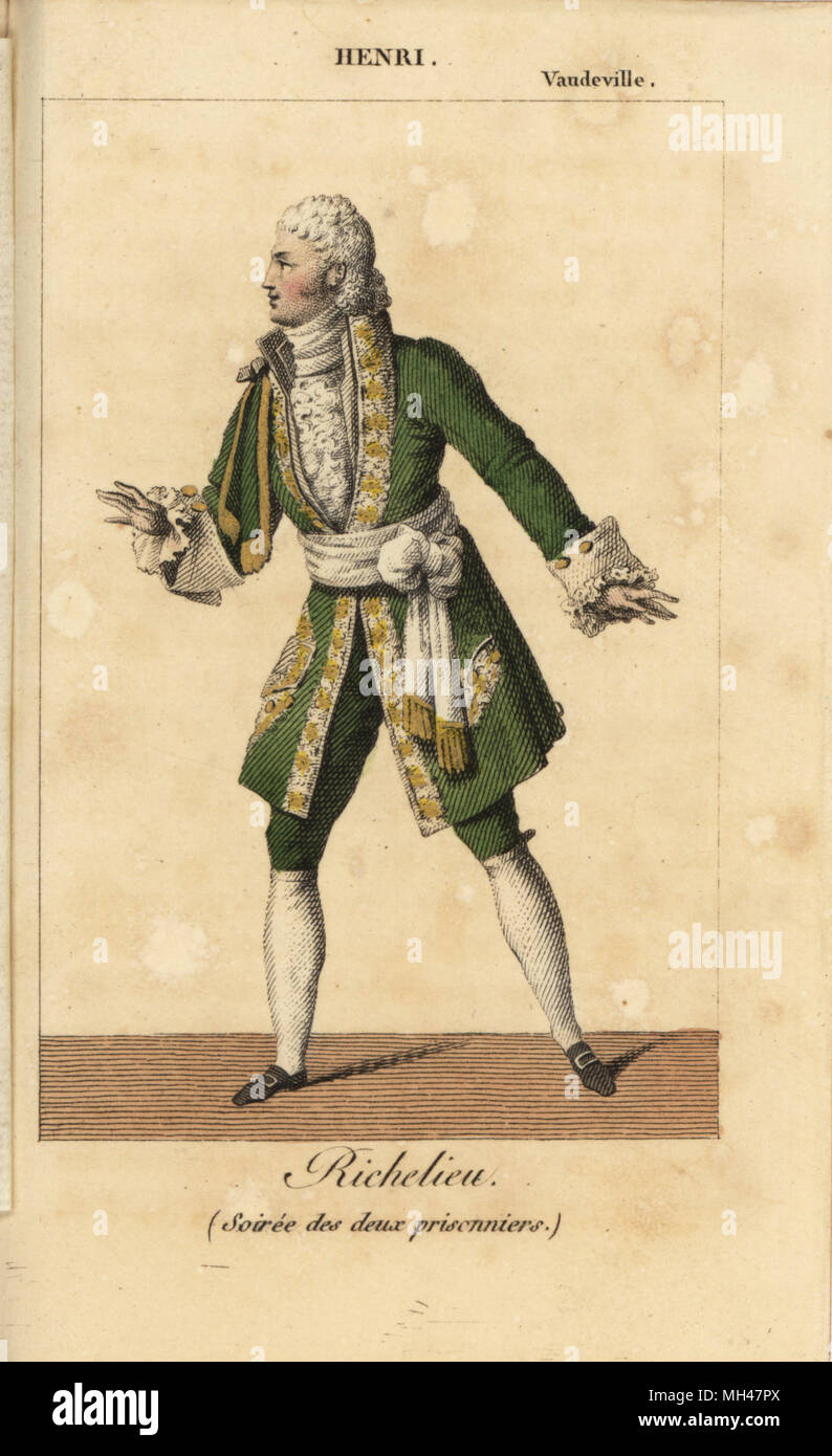 French actor Henri as Richelieu in the one-act play Soiree des deux prisonniers by Jacques-Marie Deschamps at the Theatre Vaudeville. Handcoloured copperplate engraving after Carle Vernet from Charles Malo's Almanach des Spectacles par K. Y. Z, Chez Louis Janet, Paris, 1820. Stock Photo