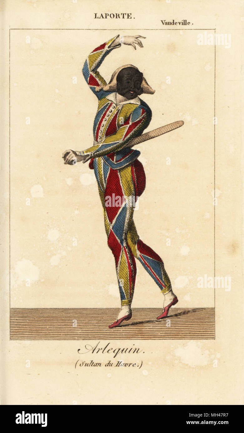 French actor Jacques Francois Laporte (1775–1841) as Arlequin in the 'folie-vaudeville' one-act play Le Sultan du Havre by Armand d'Artois and Henry Dupin at the Theatre Vaudeville, 1810. Handcoloured copperplate engraving from Charles Malo's Almanach des Spectacles par K. Y. Z, Chez Louis Janet, Paris, 1820. Stock Photo