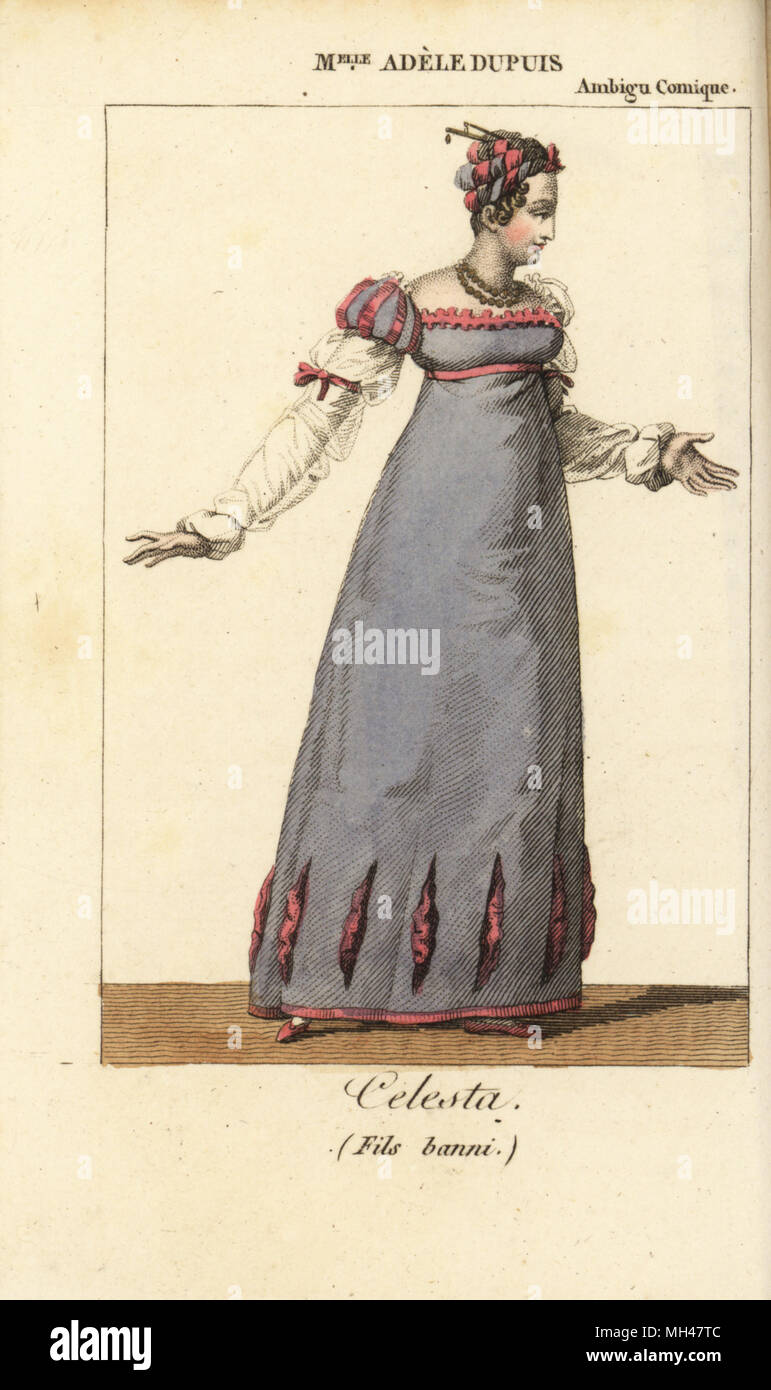 French actress Mlle. Adele Dupuis (Antoinette Nicole Dupuis, 1780-1847) as Celesta in Le Fils Banni by Frederic Dupetit-Mere at the Ambigu Comique, Paris. Handcoloured copperplate engraving from Charles Malo's Almanach des Spectacles par K. Y. Z, Chez Louis Janet, Paris, 1819. Stock Photo