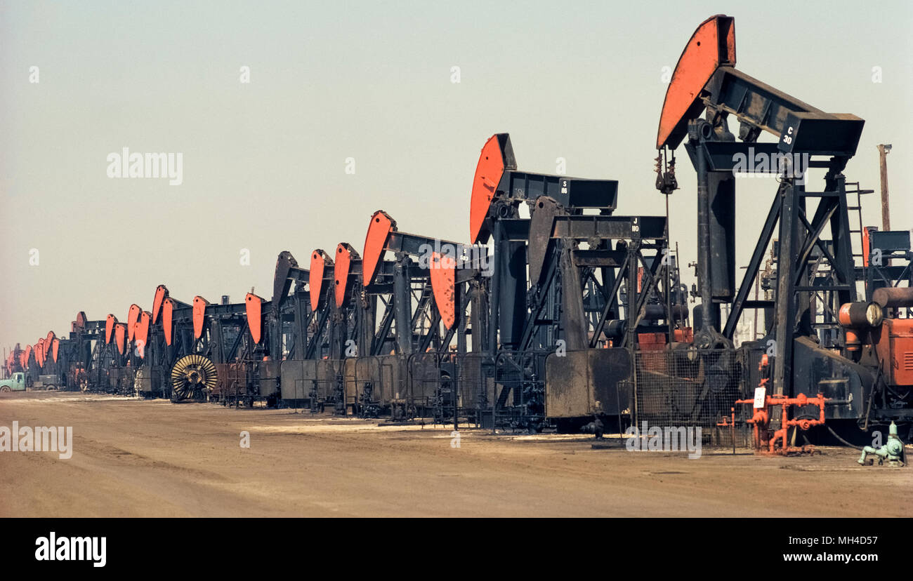 A long line of mechanical pumps busily extracting petroleum from ...