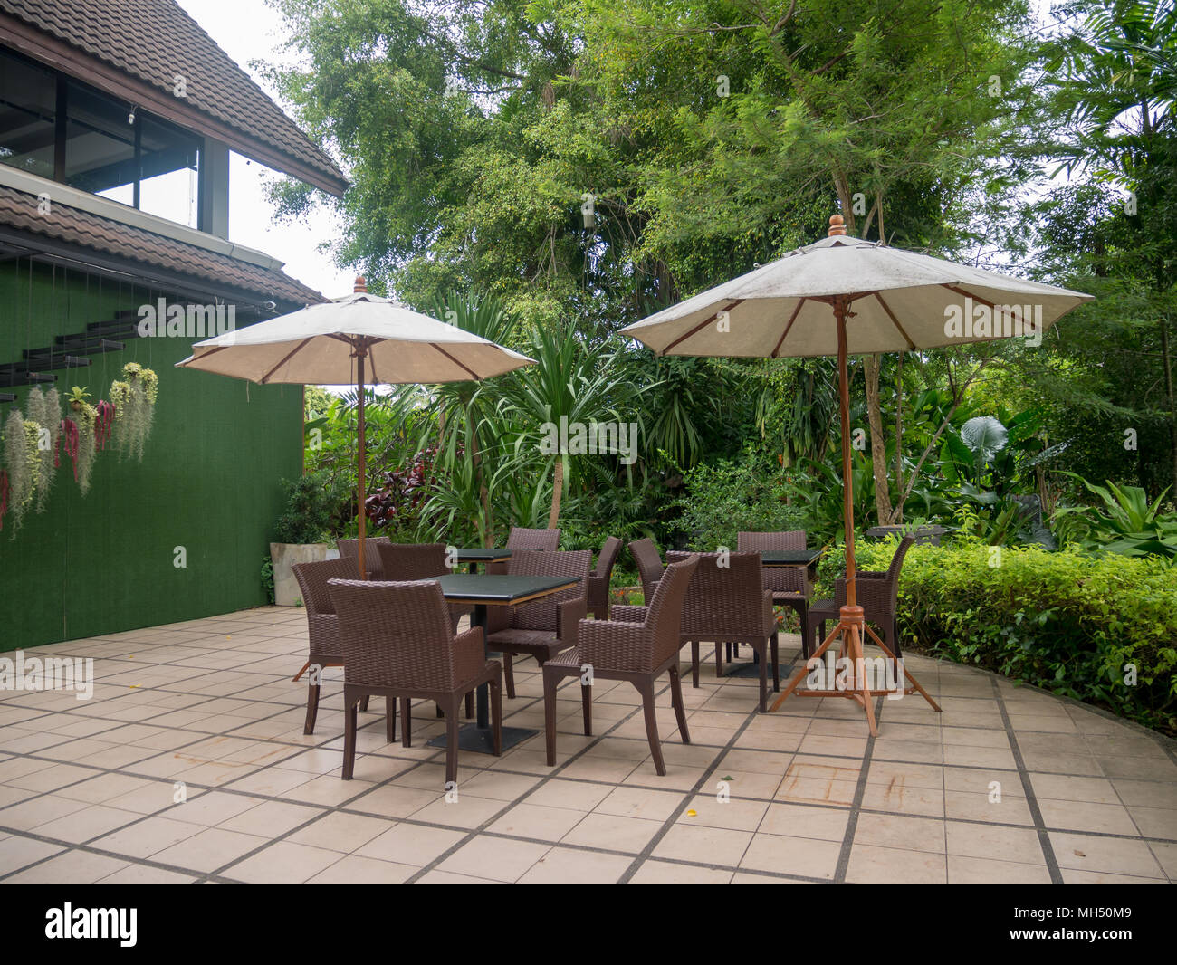 Chair made wooden in the garden with copy space. Stock Photo