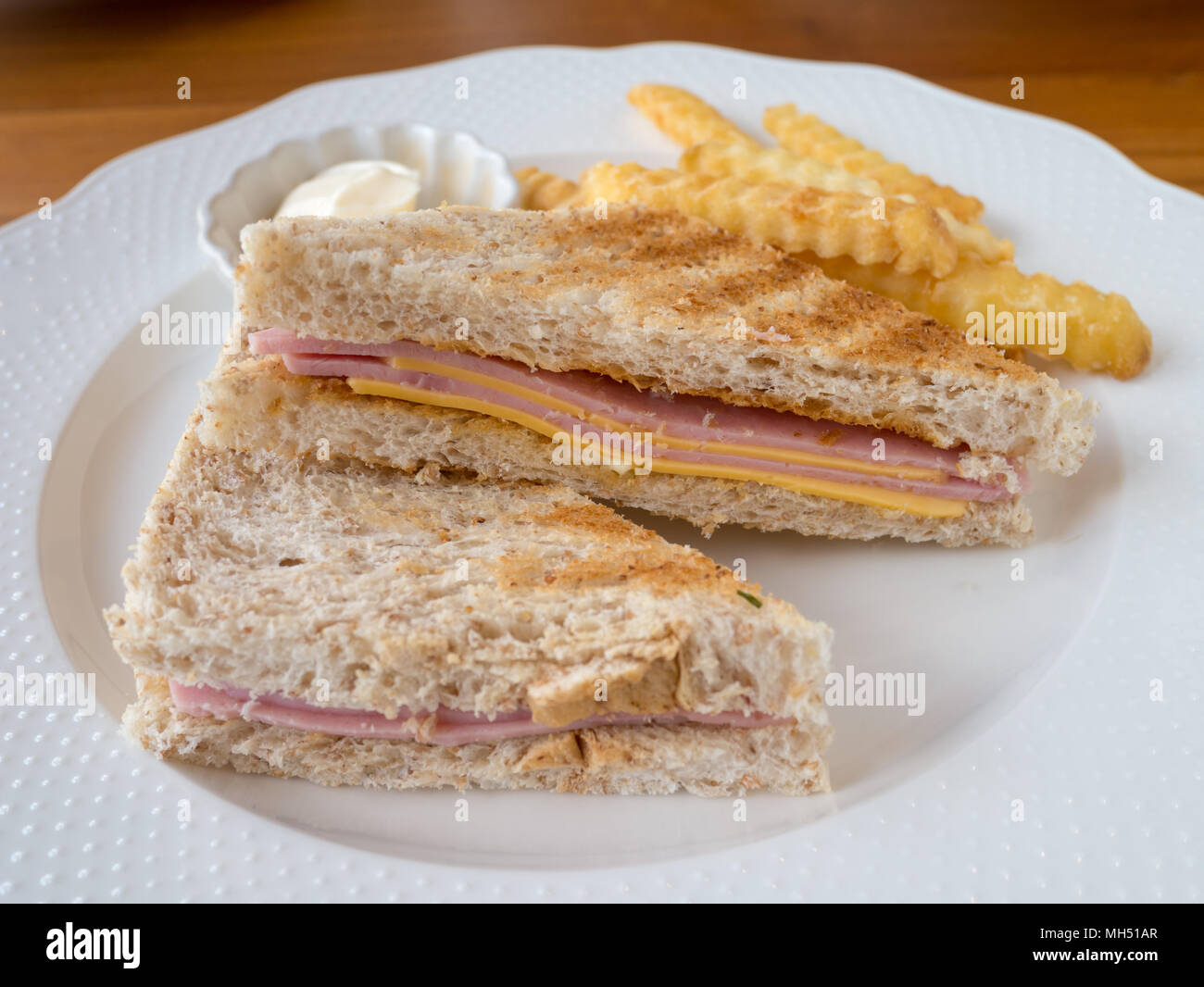 Ham and cheese sandwich and French fries with mayonnaise sauce on white