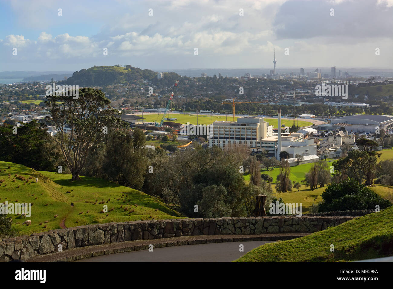 Auckland city landscape on a stormy winter day viewed from One Tree hill. In the foreground is Alexandra park and Epsom. In the background is Mount Ed Stock Photo