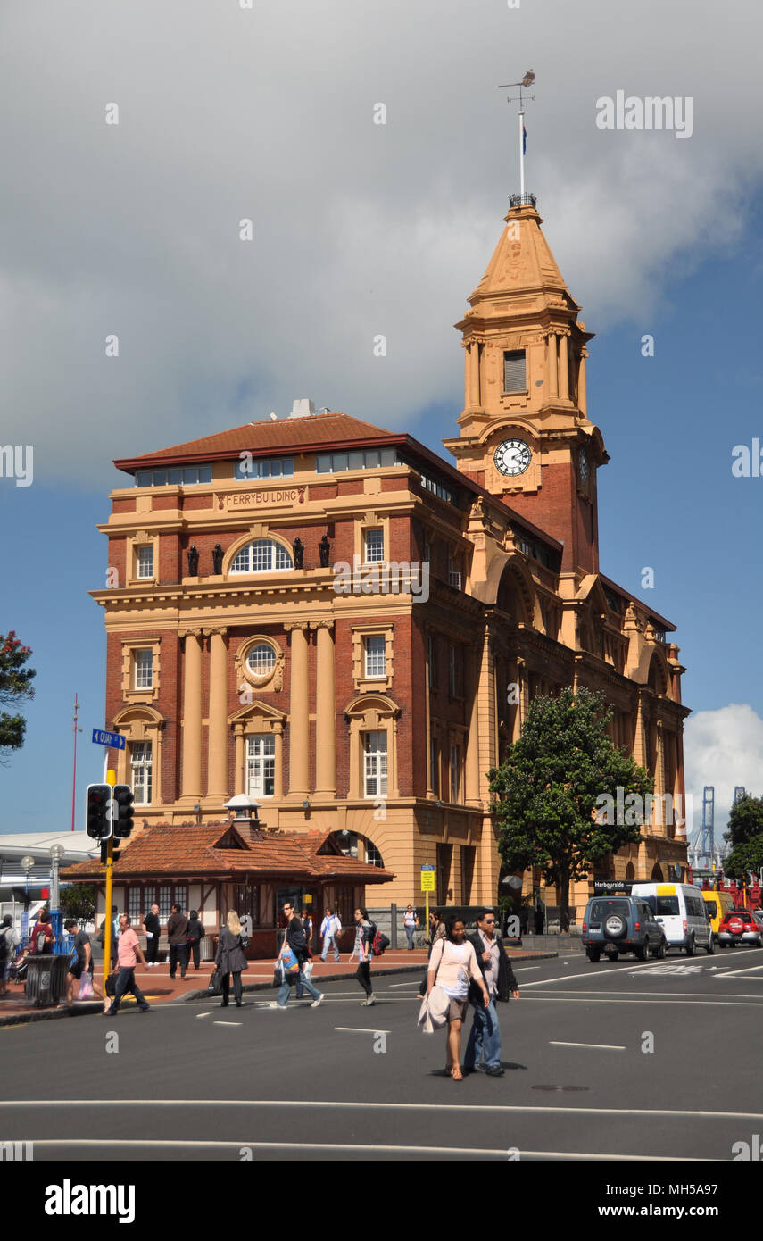 Auckland, New Zealand -December 02, 2011: Historic landmark Ferry Building on the waterfront in downtown Auckland. Stock Photo