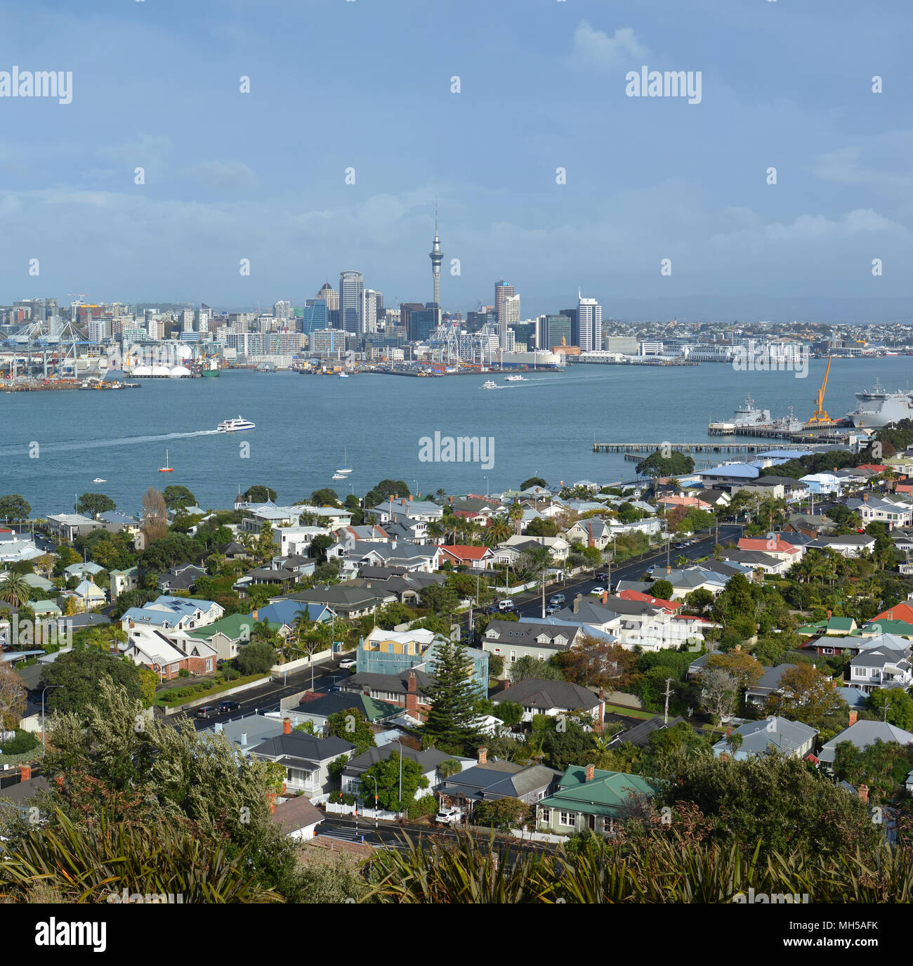 View from Mount Victoria, Devonport towards Auckland City in the background with copy space. Royalty Free, New Zealand. Stock Photo