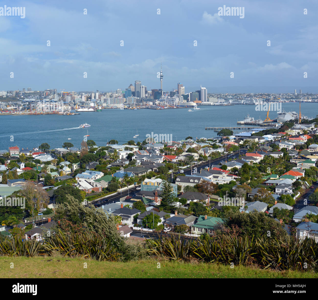 Auckland, New Zealand - May 21, 2016: View from Mount Victoria, Devonport towards Auckland City in the background with copy space. Stock Photo