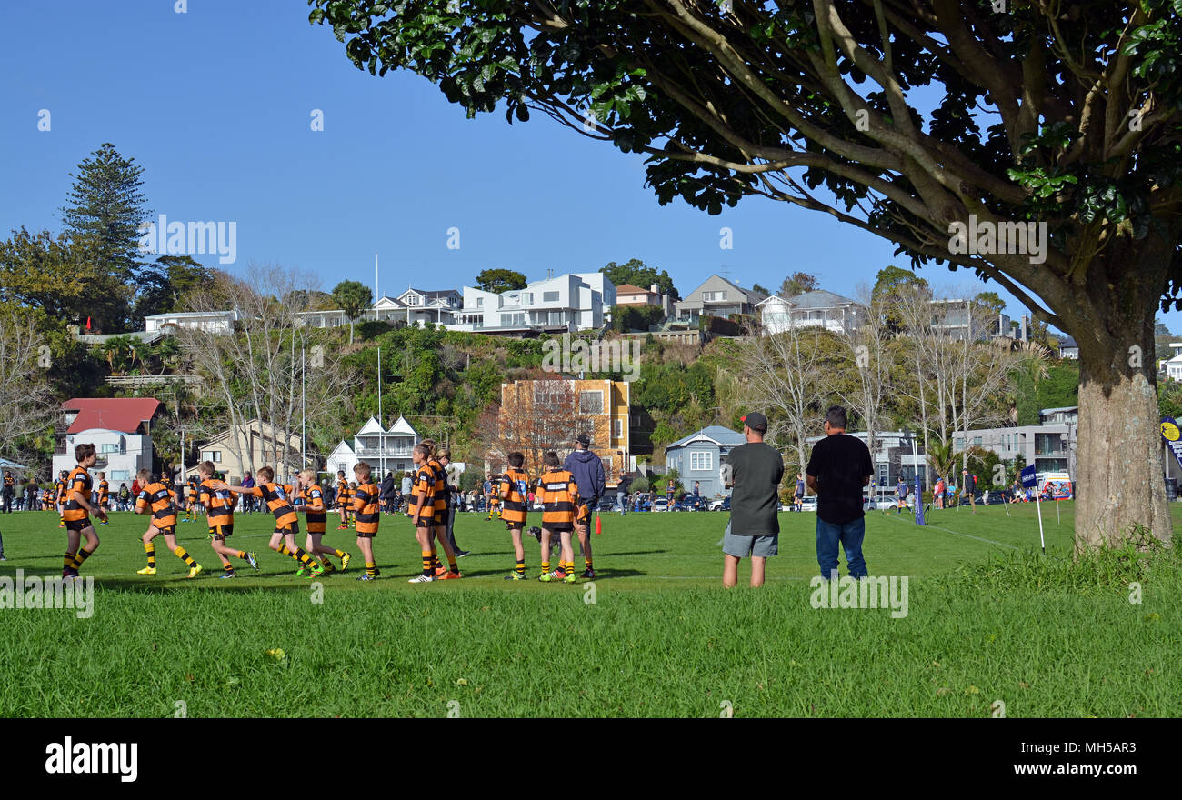 Auckland, New Zealand - May 22, 2016: Schoolboy Junior Rugby practice on a Sunday morning in Remuera Auckland, New Zealand Stock Photo