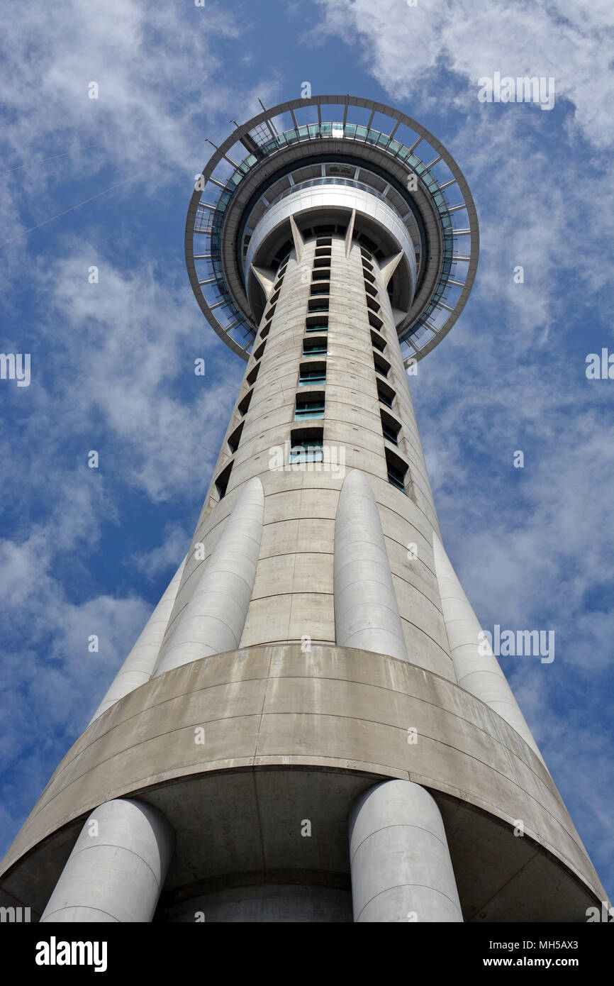 The Sky Tower is an observation and telecommunications tower located on the corner of Victoria and Federal Streets in the Auckland CBD, Auckland City, Stock Photo