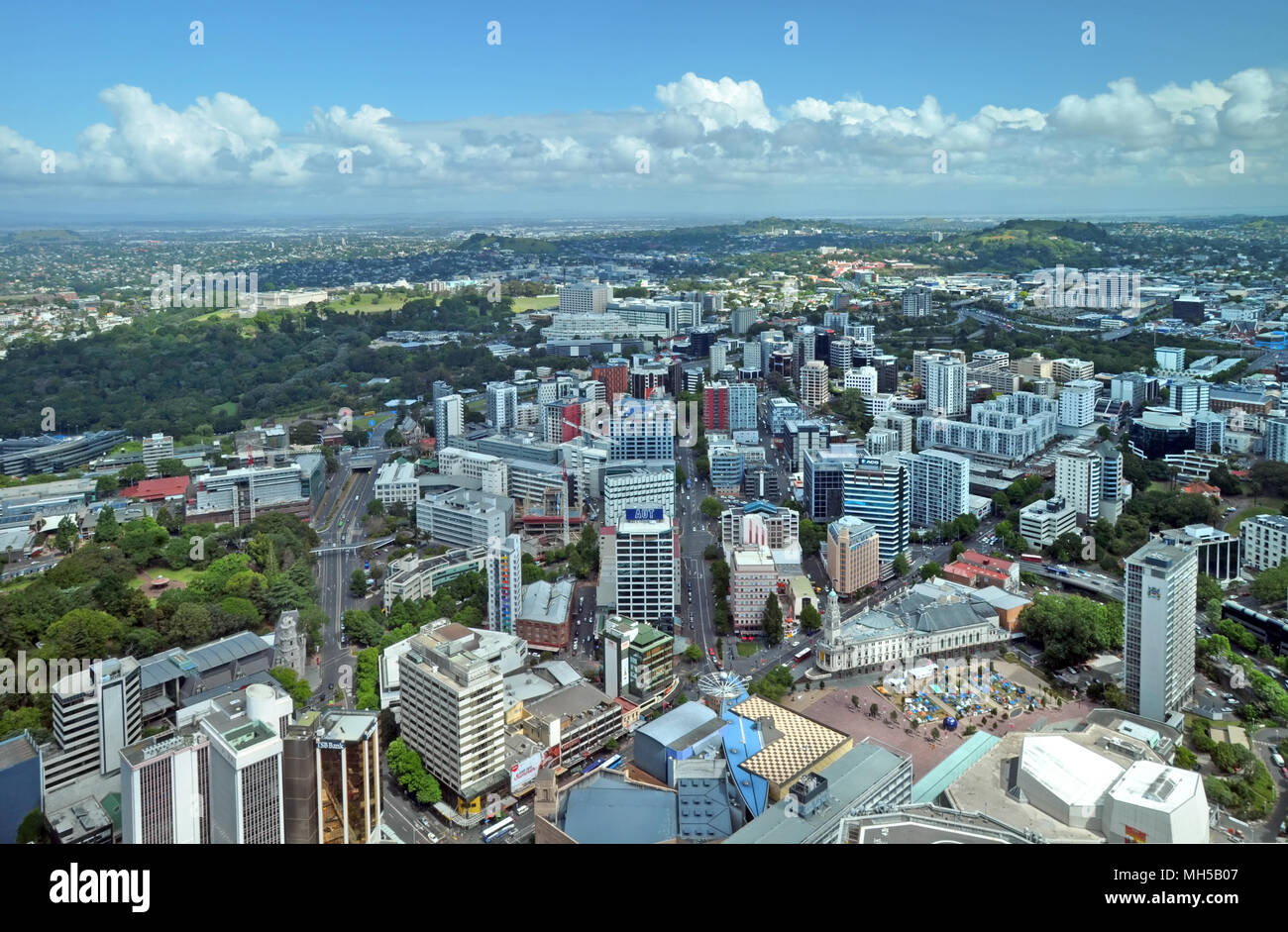 Auckland, New Zealand - December 02, 2011: Auckland city aerial panorama looking south east to Aotea Square and in the distance Mount Eden and the Man Stock Photo
