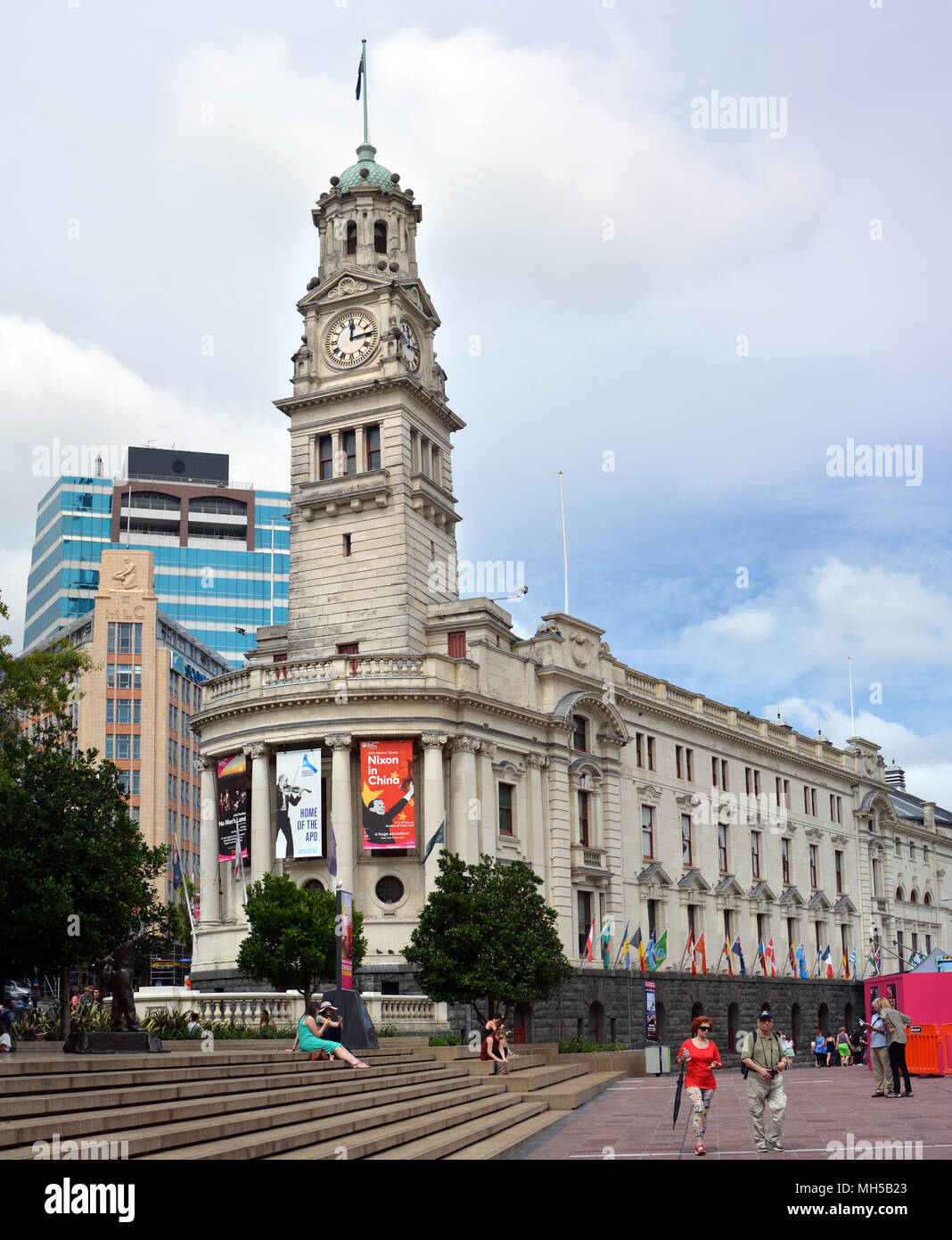 Auckland, New Zealand - February 28, 2016; Auckland Town Hall building and clock tower in Aotea Square, Queen Street. Stock Photo