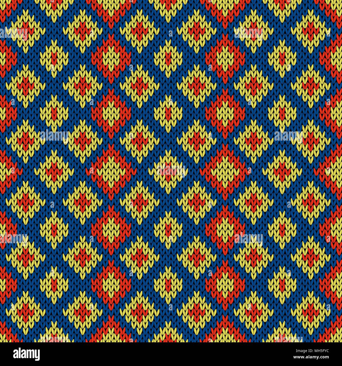 Knitted seamless symmetrical vector pattern with quadratic elements in blue, red and yellow colors as a fabric texture Stock Vector