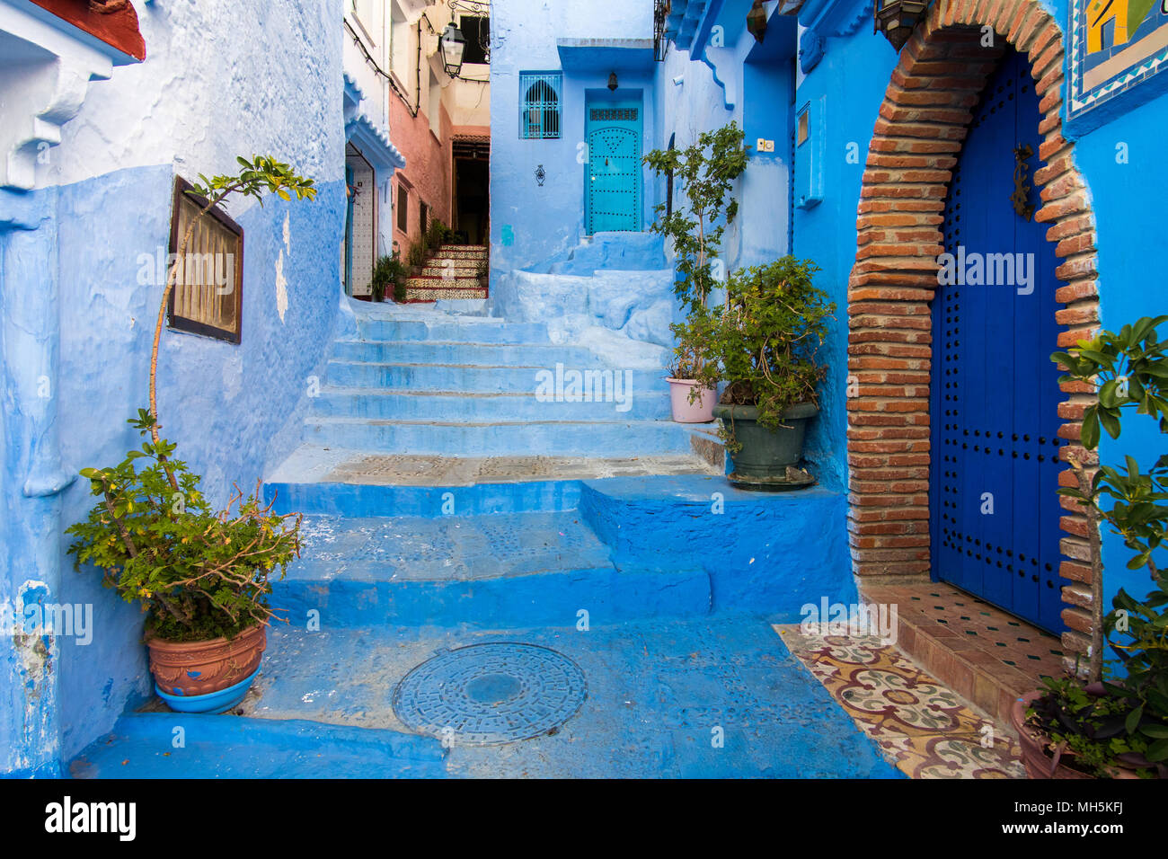 Stairway in Chefchaouen, the Blue city, in Morocco Stock Photo