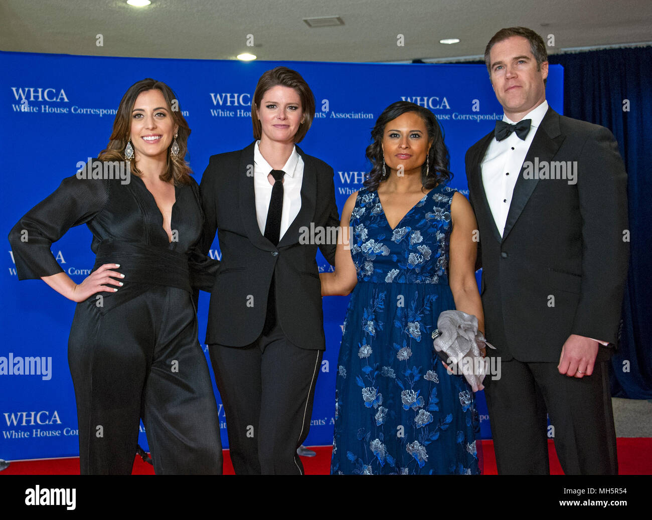 Washington, USA. 28th Apr, 2018. From left to right: Chief White House correspondent for NBC News Hallie Jackson; Capitol Hill correspondent Kasie Hunt; and White House correspondents Kristen Welker and Peter Alexander arrive for the 2018 White House Correspondents Association Annual Dinner at the Washington Hilton Hotel on Saturday, April 28, 2018. Credit: Ron Sachs/CNP (RESTRICTION: NO New York or New Jersey Newspapers or newspapers within a 75 mile radius of New York City) - NO WIRE SERVICE - Credit: Ron Sachs/Consolidated/dpa/Alamy Live News Stock Photo