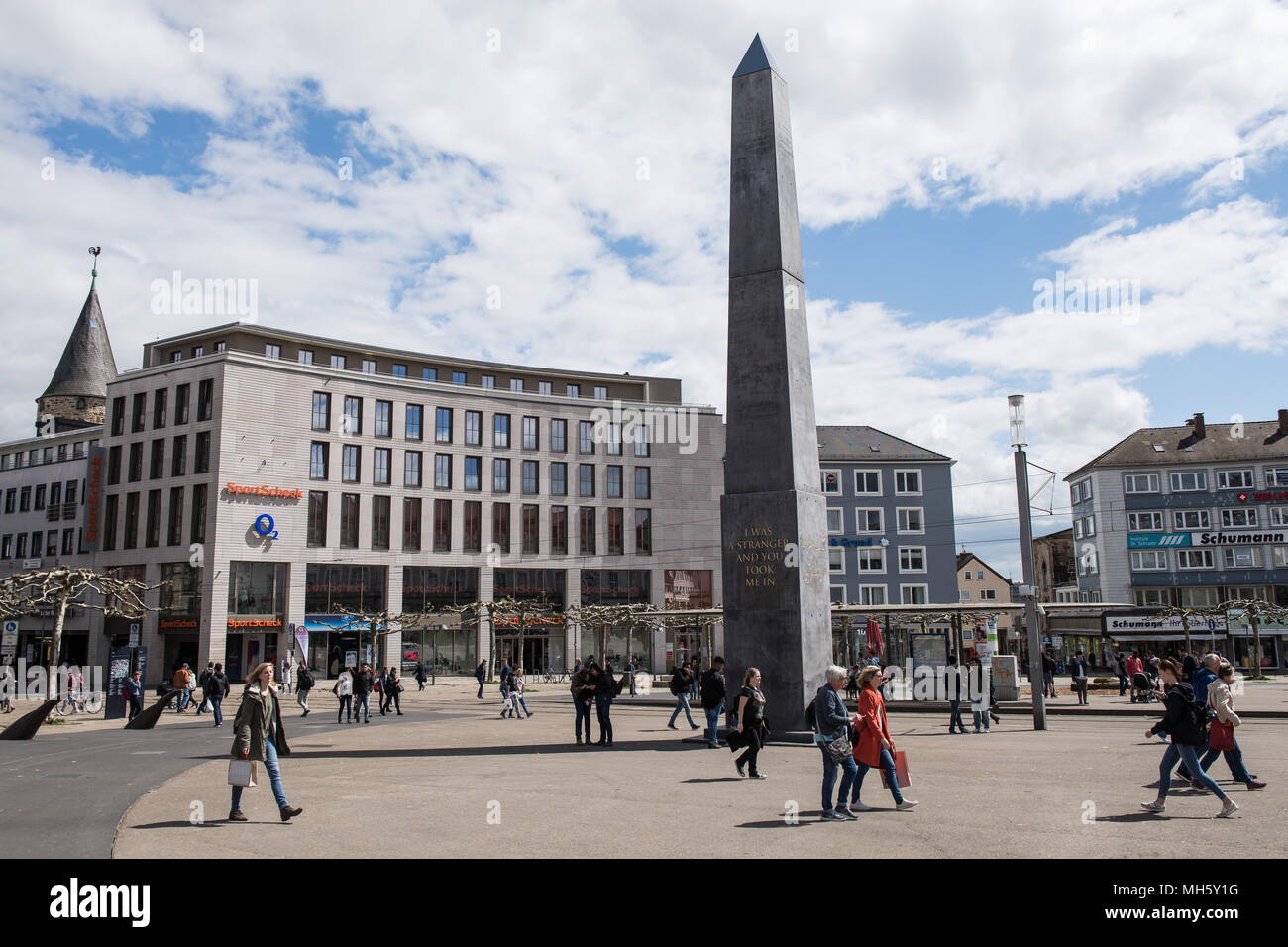 30 April 2018, Germany, Kassel: The artwork of the documenta 14, an about  16-metre-tall obelisk by US artist Olu Oguibe at the Koenigsplatz (lit.  King's square) in Kassel. The fundraising campaign of