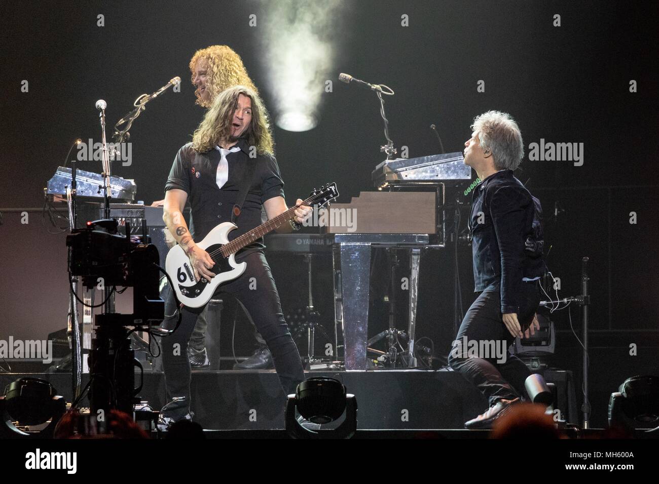 Milwaukee, Wisconsin, USA. 29th Apr, 2018. DAVID BRYAN, PHIL X (PHIL XENIDIS) and JON BON JOVI of Bon Jovi during the This House Is Not For Sale tour at the Bradley Center in Milwaukee, Wisconsin Credit: Daniel DeSlover/ZUMA Wire/Alamy Live News Stock Photo
