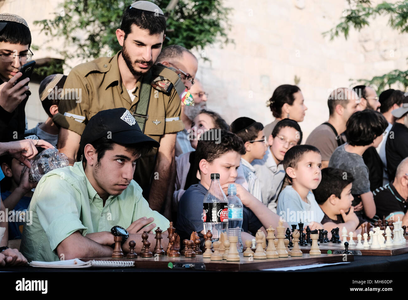 Jerusalem, Israel. 30th April, 2018. Anatoly Yevgenyevich Karpov, 66, Russian chess grandmaster and Viswanathan 'Vishy' Anand, 49, Indian chess grandmaster, play chess against dozens of Israeli youth champions simultaneously at the Jaffa Gate in the framework of Israel's 70th Independence Day celebrations. Credit: Nir Alon/Alamy Live News Stock Photo