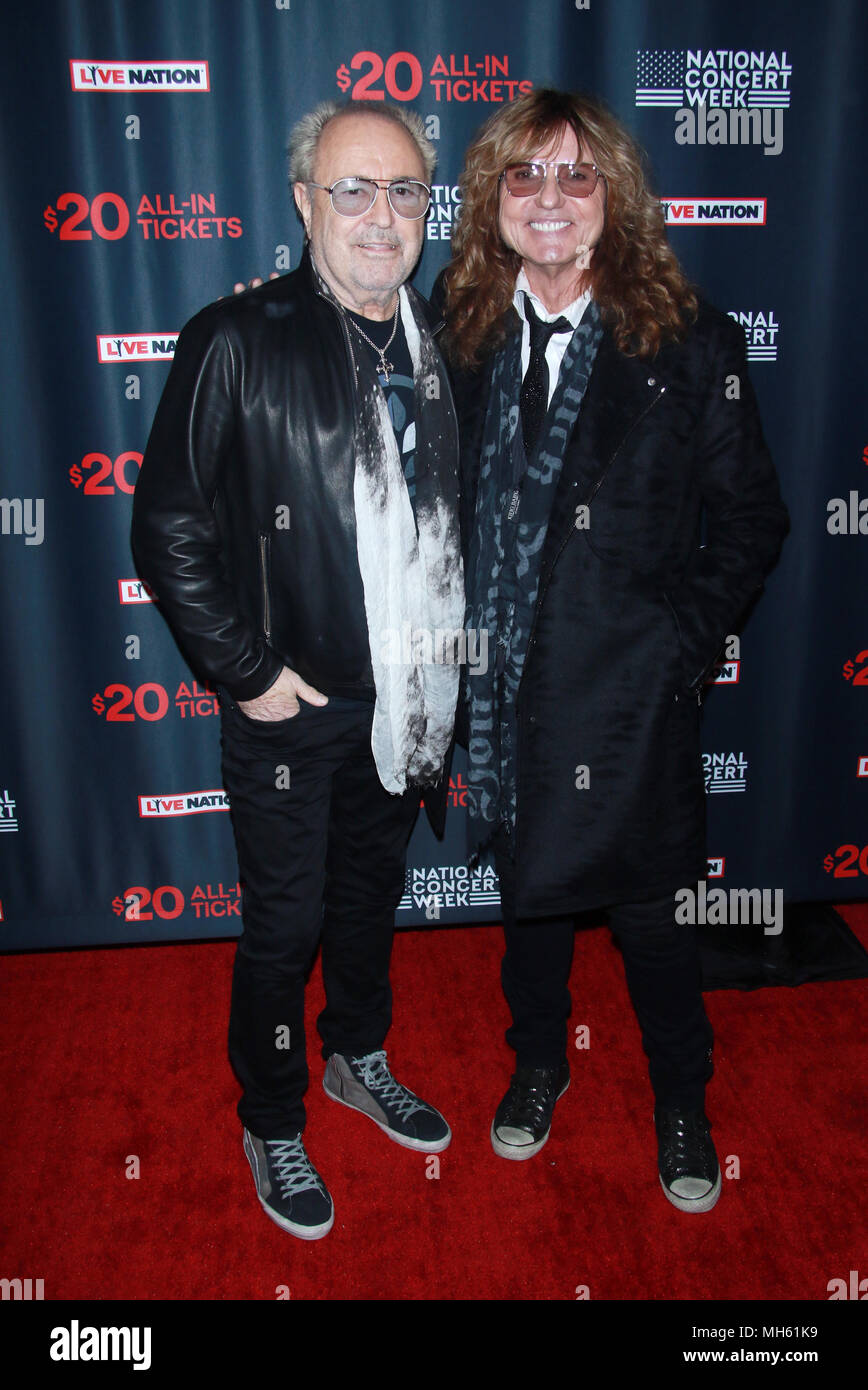 New York, NY, USA. 30th Apr, 2018. Mick Jones of Foreigner and David Coverdale of Whitesnake at Live NationÕs National Concert Week press day at Live Nation NYC Headquarters on April 30, 2018 in New York City. Credit: Diego Corredor/Media Punch/Alamy Live News Stock Photo