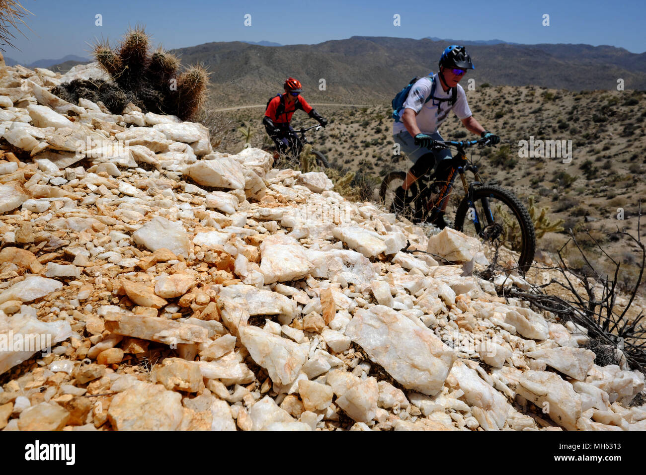 Palm Springs, California, USA. 28th Apr, 2018. Mountain bikers pass cactus and white quartz rocks on the trail. This is a true Southern California Epic mountain bike ride in the Santa Rosa and San Jacinto Mountains National Monument. Offering huge vistas, off-camber narrow single track, ridges, stream beds, rocks, sand, cactus. This point-to-point route passes a varied array of high desert trails from the foot of the north slope of Santa Rosa Mountains and Agua Caliente Indian Reservation at 4500 feet down to Palm Springs 29 miles away at 500 feet. (Credit Image: © Ruaridh Stewart via ZUMA Wi Stock Photo