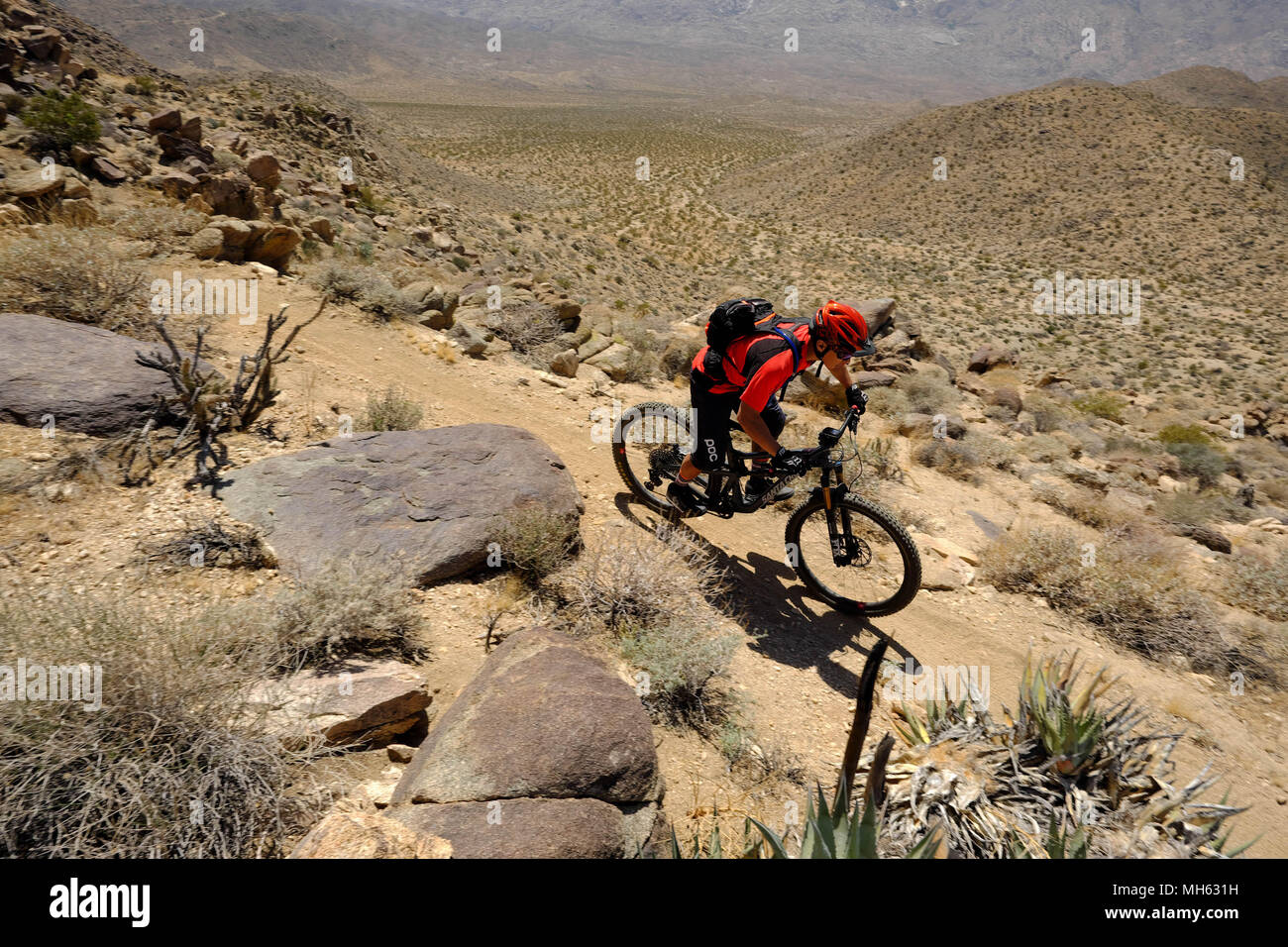 Palm Springs, California, USA. 28th Apr, 2018. Mountain bikers pass cactus and high desert vistas on the trail. This is a true Southern California Epic mountain bike ride in the Santa Rosa and San Jacinto Mountains National Monument. Offering huge vistas, off-camber narrow single track, ridges, stream beds, rocks, sand, cactus. This point-to-point route passes a varied array of high desert trails from the foot of the north slope of Santa Rosa Mountains and Agua Caliente Indian Reservation at 4500 feet down to Palm Springs 29 miles away at 500 feet. (Credit Image: © Ruaridh Stewart via ZUMA Wi Stock Photo