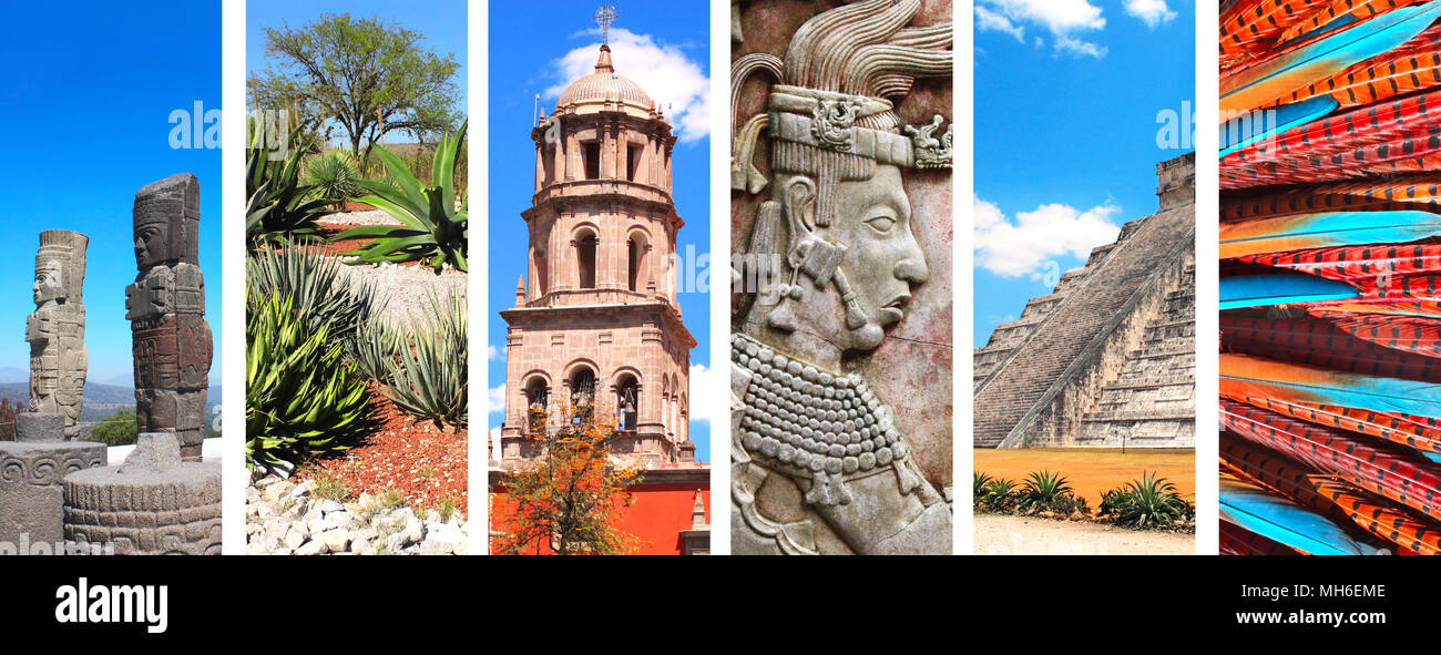 Collection of vertical banners with famous landmarks of Mexico - pyramid of Kukulcan, bas-relief of mayan king Pakal, tower bell in Queretaro, atlante Stock Photo