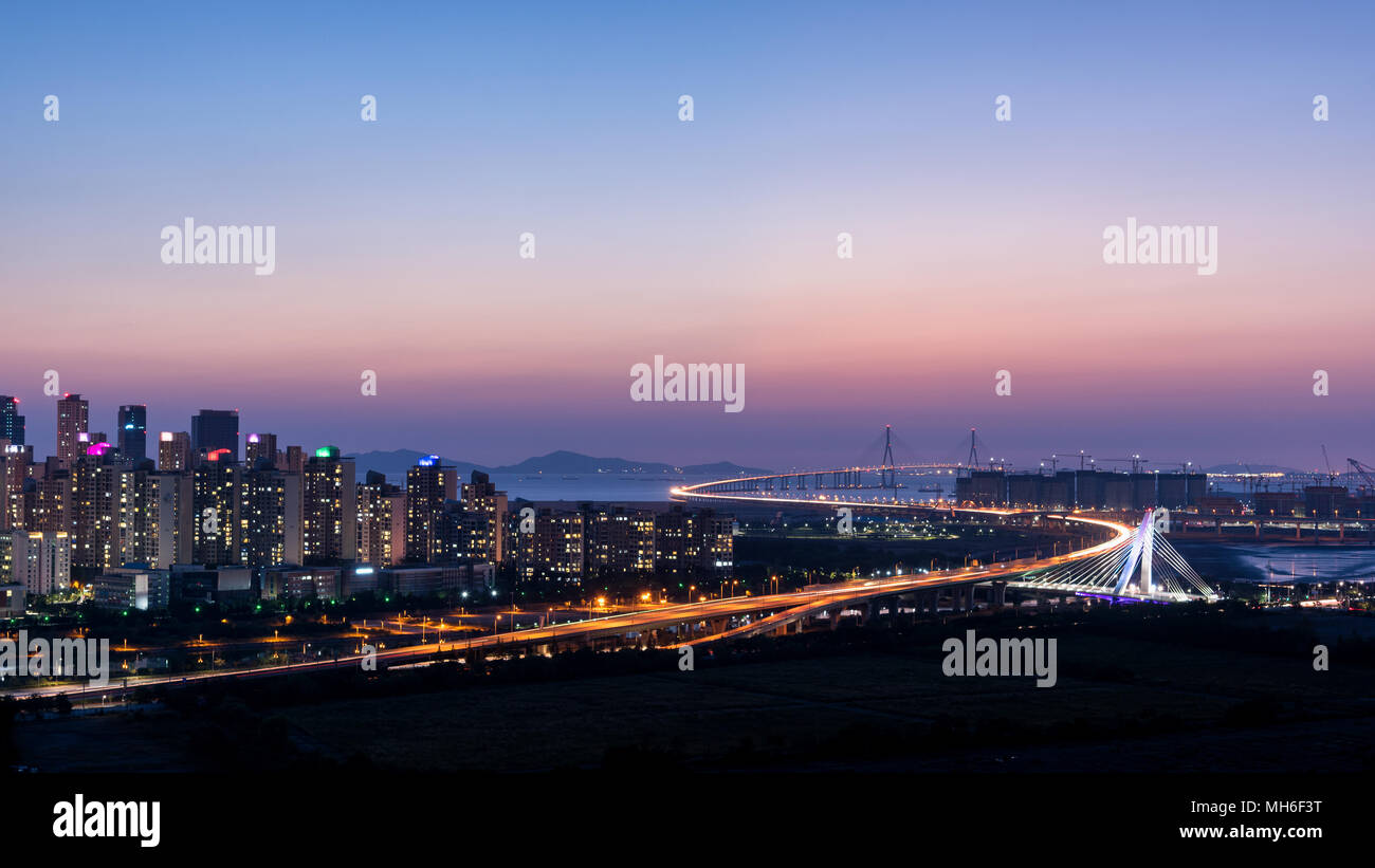 Night view of Incheon bridge in Incheon city, South Korea. Stock Photo