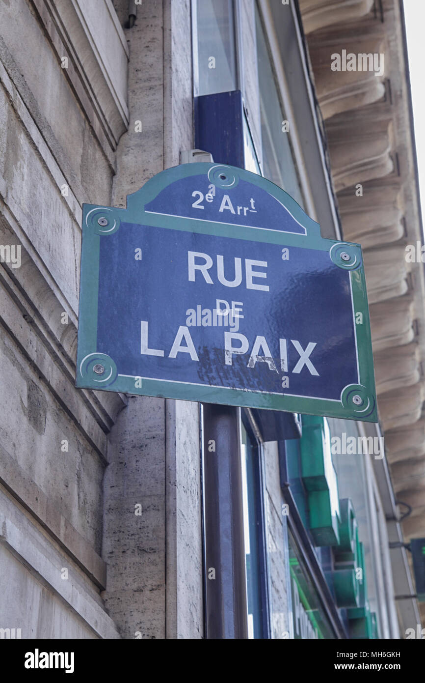 Rue de la paix street sign in Paris, France, Stock Photo