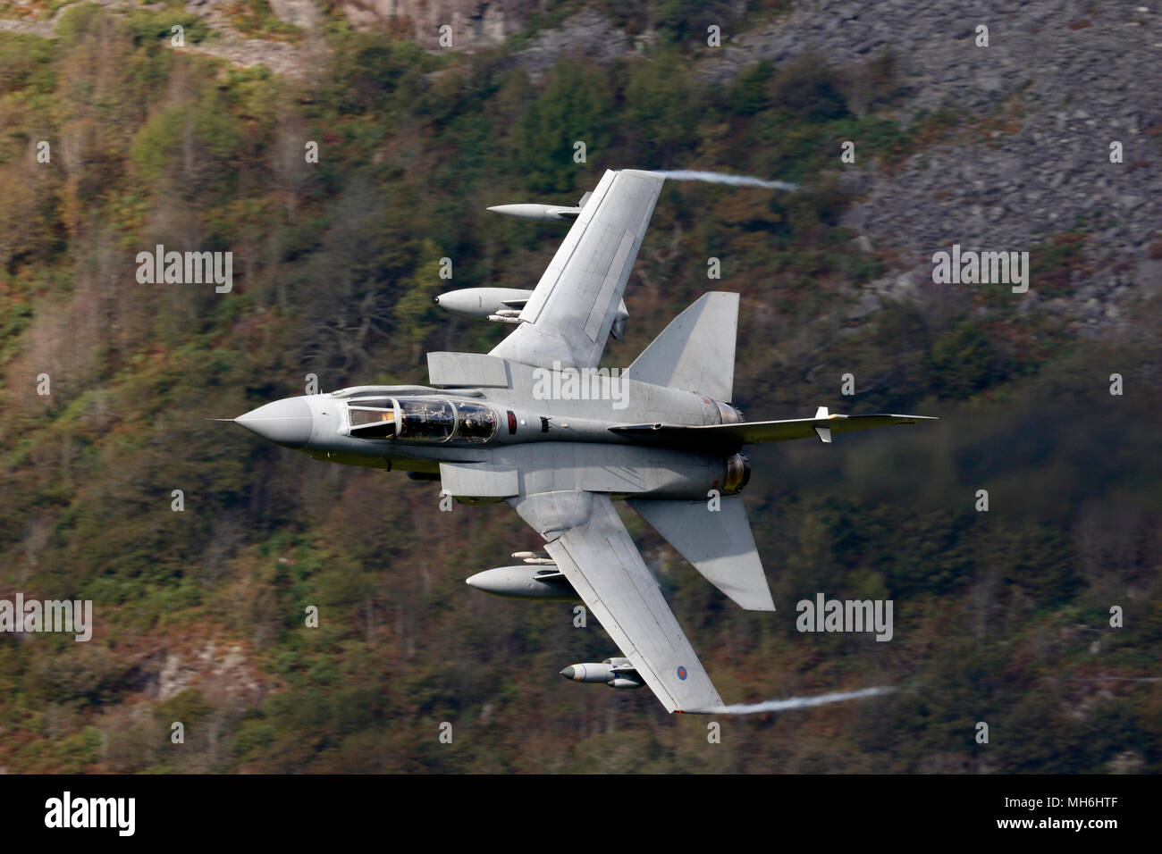 Royal Air Force Panavia Tornado GR4 aircraft  flying low level in the Welsh Mountains, Snowdonia National Park. Also called a Tonka, from a TV toy ad Stock Photo
