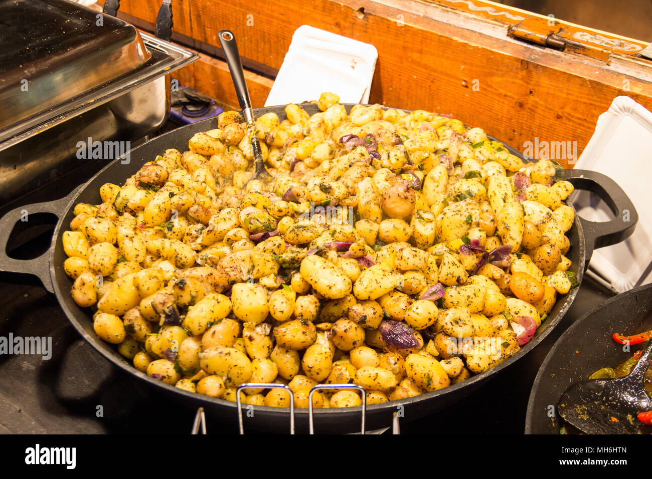 Prague Street Food. Steamed Meat and Vegetables, Czech republic. Street food at Prague market. Stock Photo