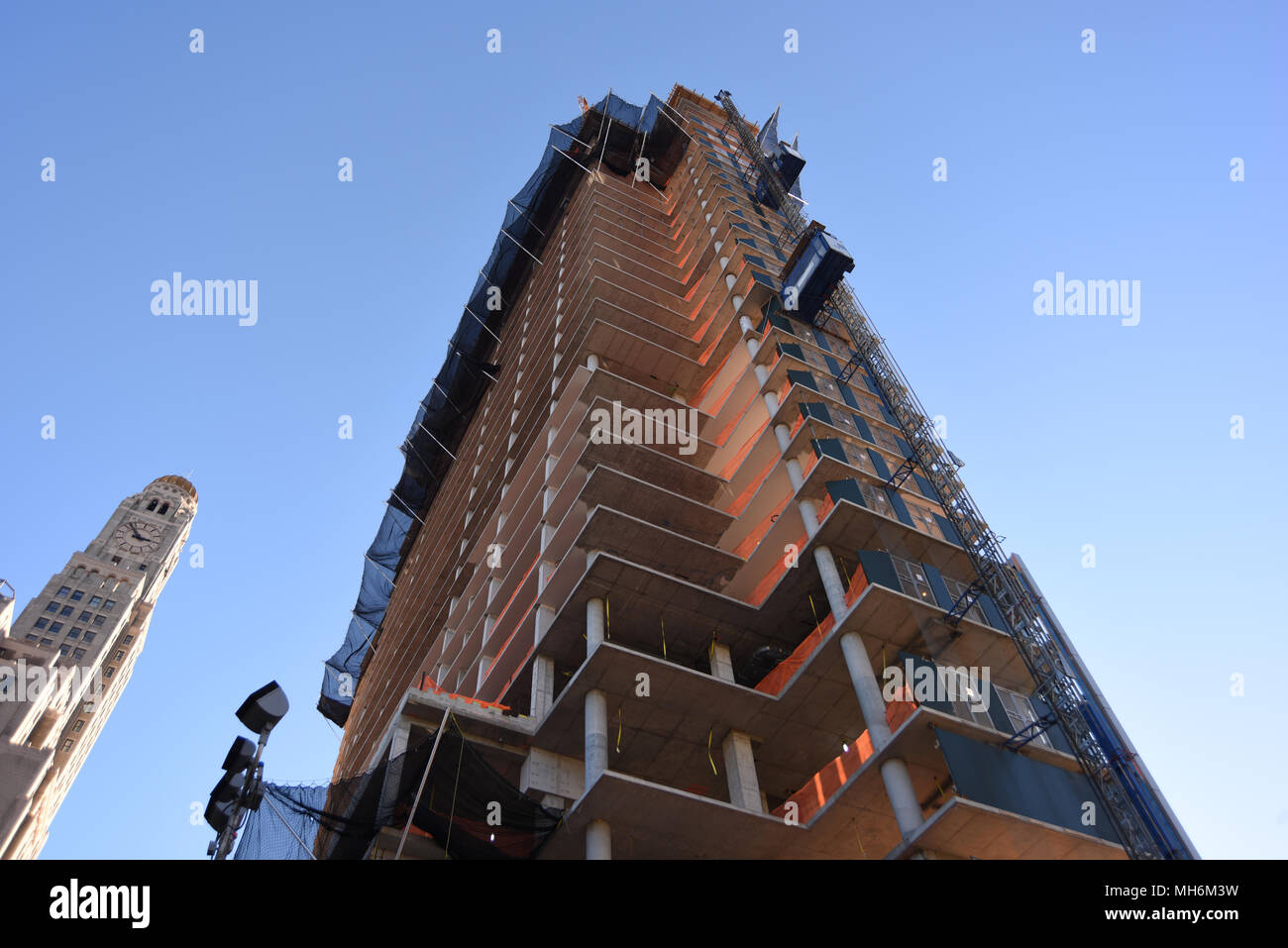 Construction of 300 Ashland Place, Brooklyn NY, 20 November, 2015, with Williamsburgh Savings Bank Tower at bottom left. Stock Photo