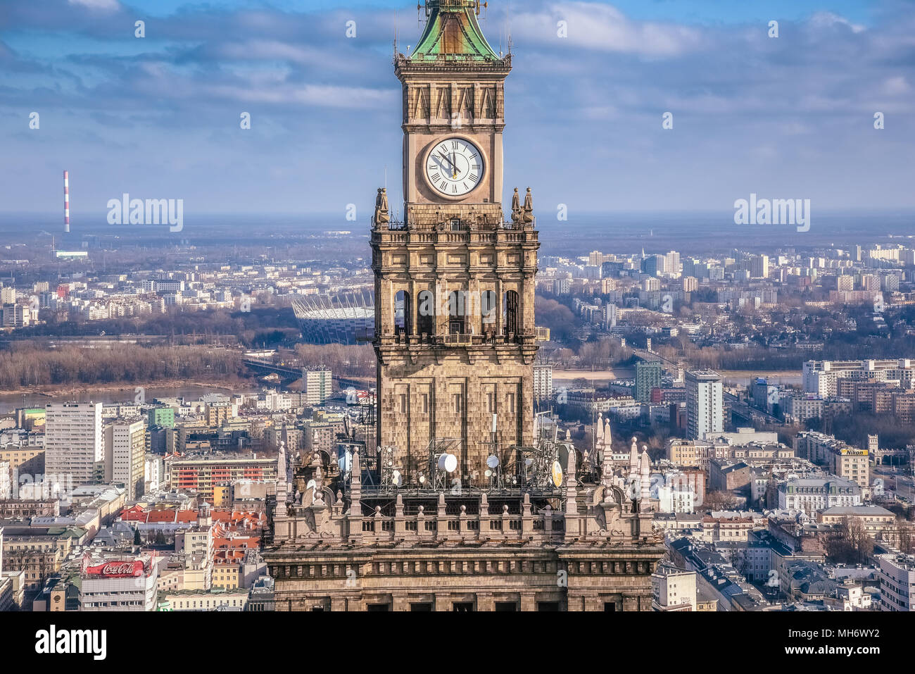 Warsaw / Poland - 02.16.2016: Closer view on the Clock Tower of the Palace of Culture and Sience. Horizontal. Stock Photo