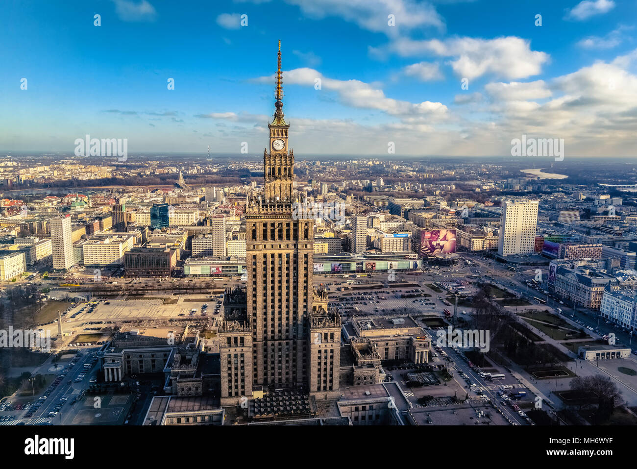Warsaw / Poland - 02.16.2016: Aerial view of the Palace of Culture and Science at sunrise. Horizontal. Stock Photo