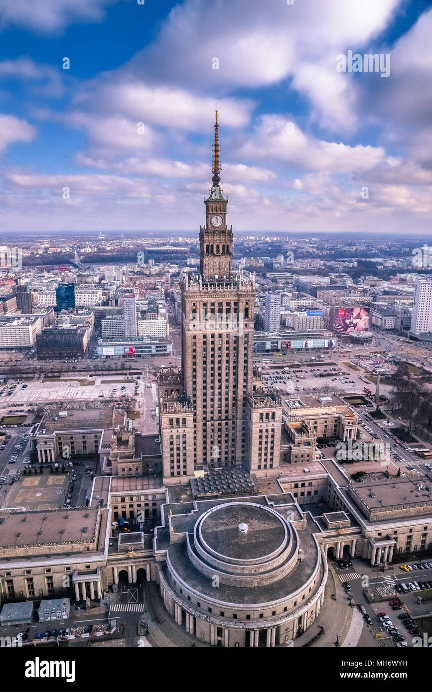 Warsaw / Poland - 02.16.2016: Aerial view on west side of the Palace of Culture and Sience. Vertical. Stock Photo