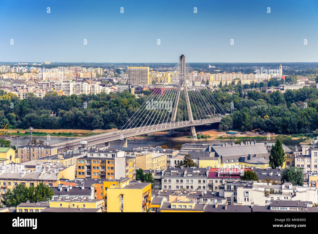 Warsaw / Poland - 09.02.2016: Aerial view on the modern architecture bridge joining two districts over Vistula river. Stock Photo