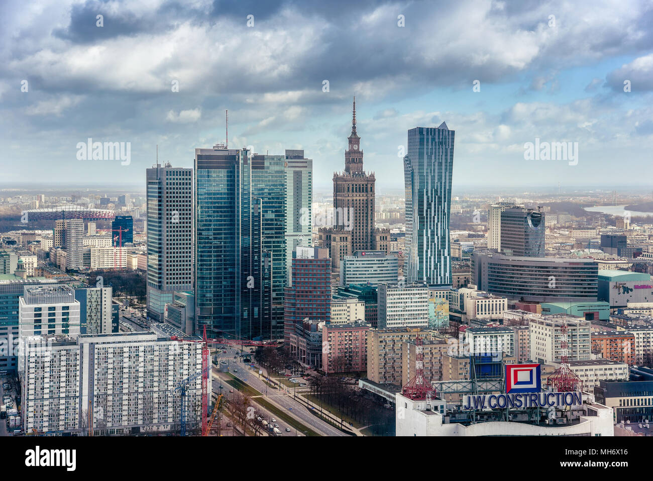 Warsaw / Poland - 03.16.2017: Panoramic view at city center with a variety of architecture styles. Stock Photo
