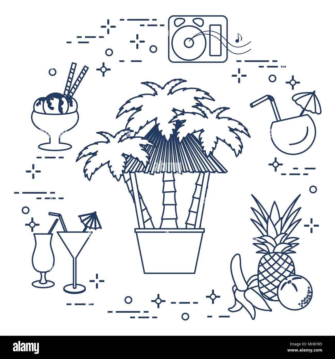 Bar on the beach, palm trees, cocktails, ice cream, music speakers, banana, pineapple, orange. Stock Vector