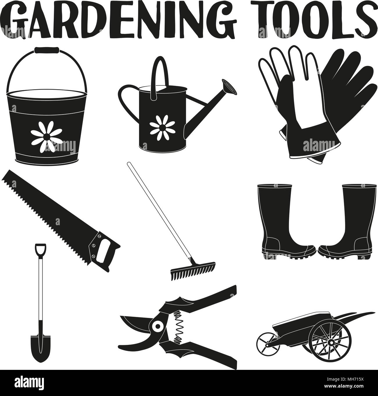 Black and white garden icon silhouette set 9 elements. Garden tool vector illustration gift card certificate sticker, badge, label, poster, patch, ban Stock Vector