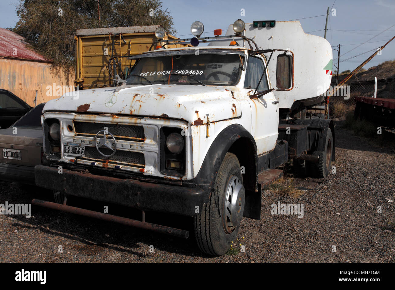 Argentina, rusted and scrapped tanker truck. Chevrolet with a mercedes engine. Stock Photo