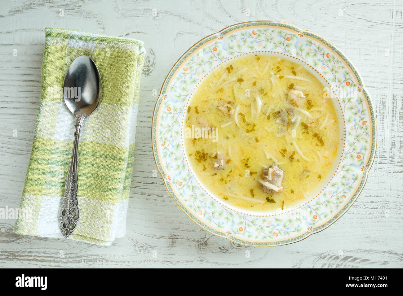 Top view of delicious, homemade, traditional bulgarian chicken soup