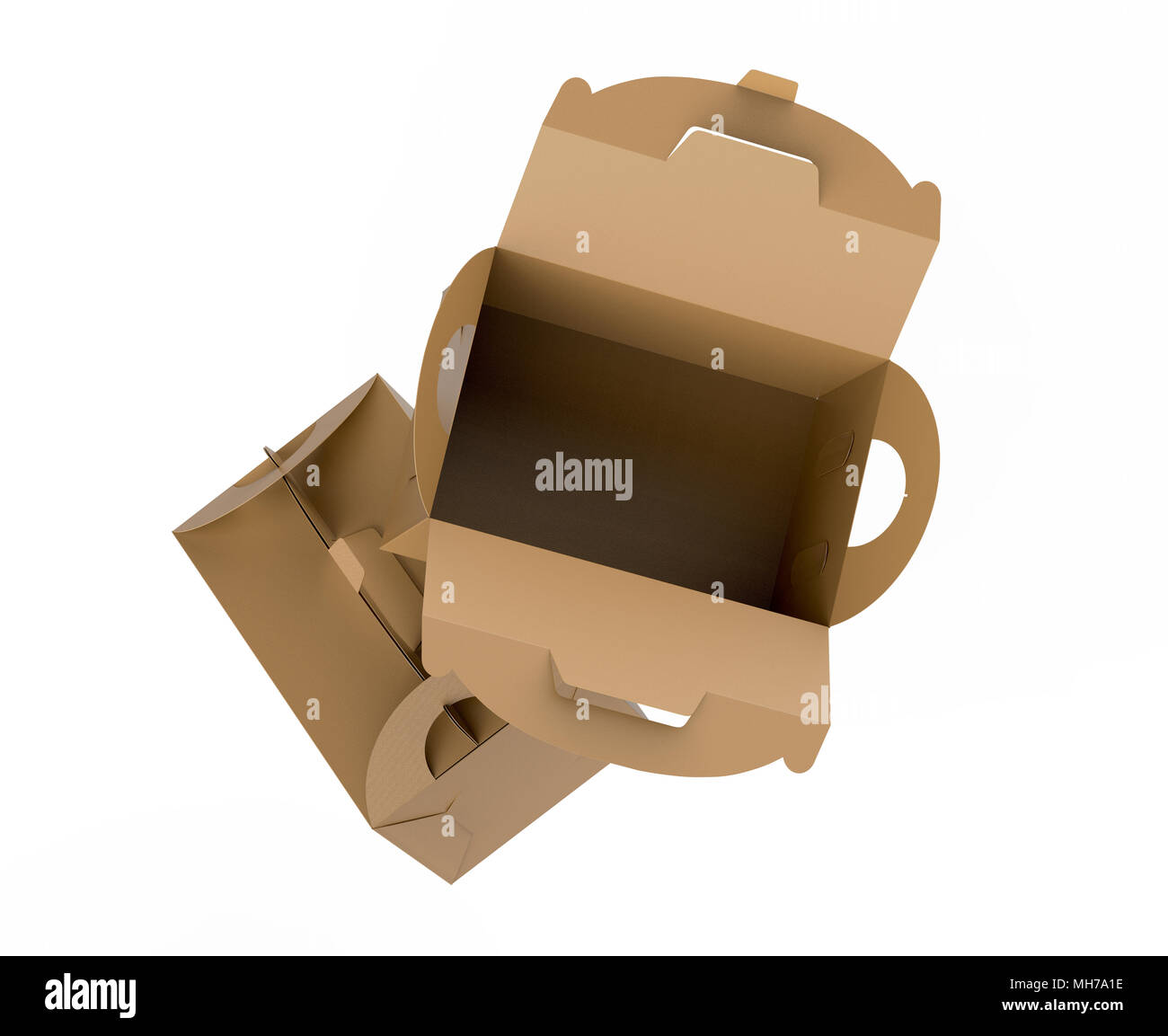 Kraft box with handle, gift or food carton package set in 3d render for ...
